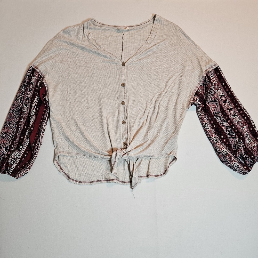 Hummingbird Tie Front Waffle Knit Top Size M Boho Mixed Print‎ Sleeve Blouse